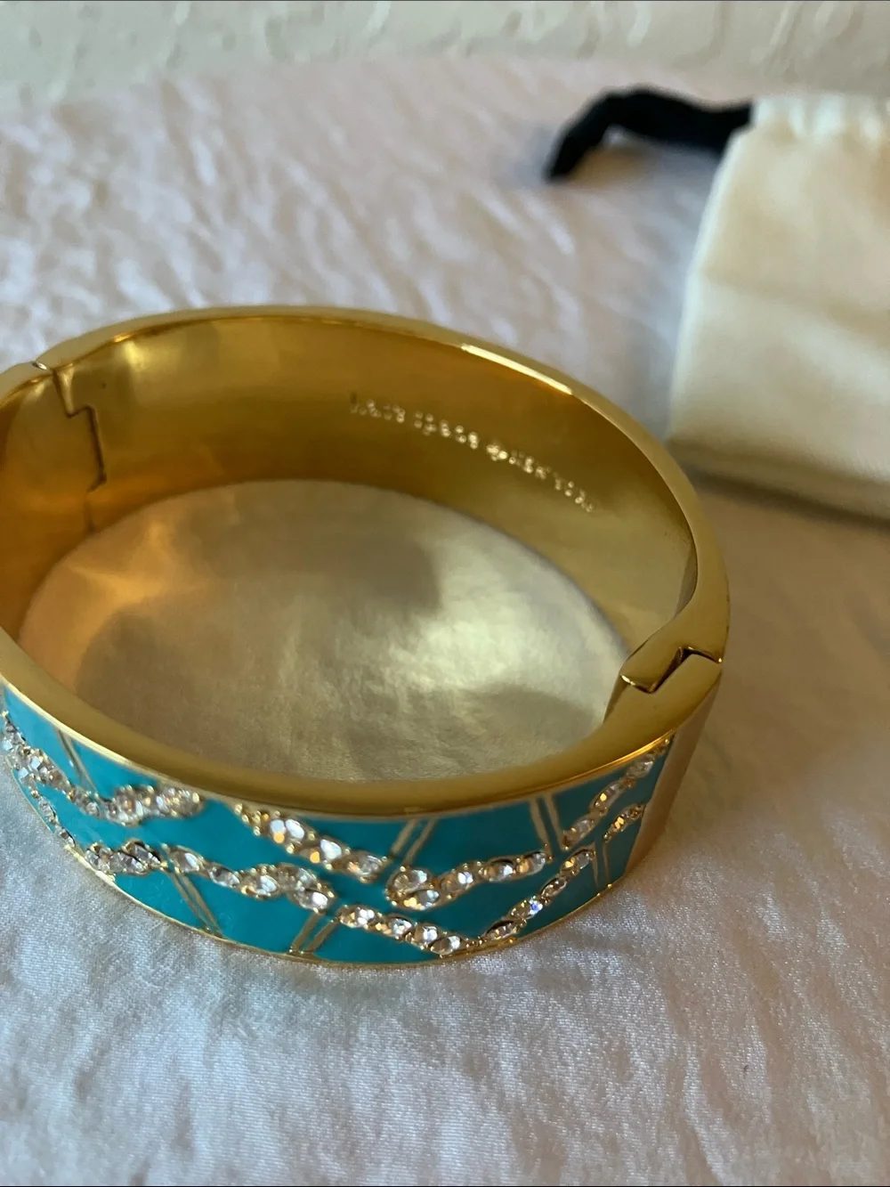 kate spade: Turquoise Enamel & Gold Tone Crystal-Accent Bangle- Hinge- Dust Bag